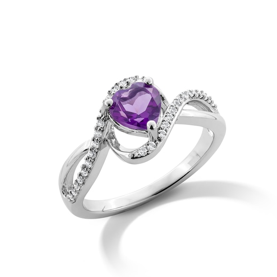Heart-Shaped Amethyst and White Lab-Created Sapphire Bypass Pendant, Ring and Earrings Set in Sterling Silver