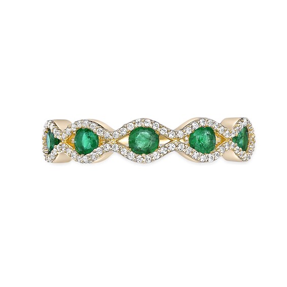 Emerald and 1/4 CT. T.w. Diamond Five Stone Scallop Edge Ring in 10K Gold