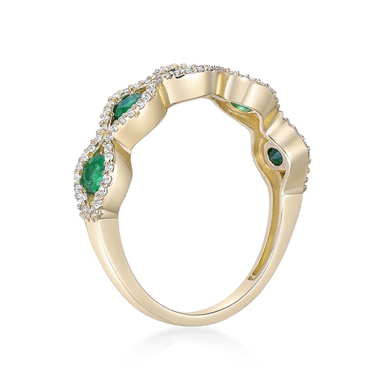 Emerald and 1/4 CT. T.w. Diamond Five Stone Scallop Edge Ring in 10K Gold