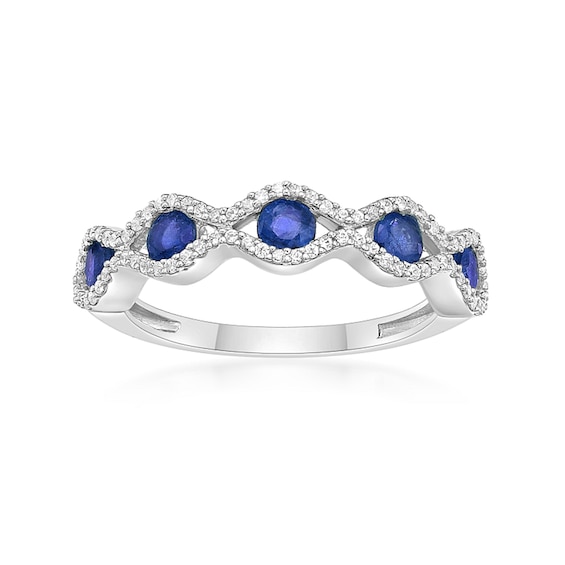 Blue Sapphire and 1/4 CT. T.w. Diamond Five Stone Scallop Edge Ring 10K White Gold