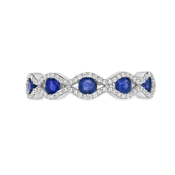 Blue Sapphire and 1/4 CT. T.w. Diamond Five Stone Scallop Edge Ring in 10K White Gold