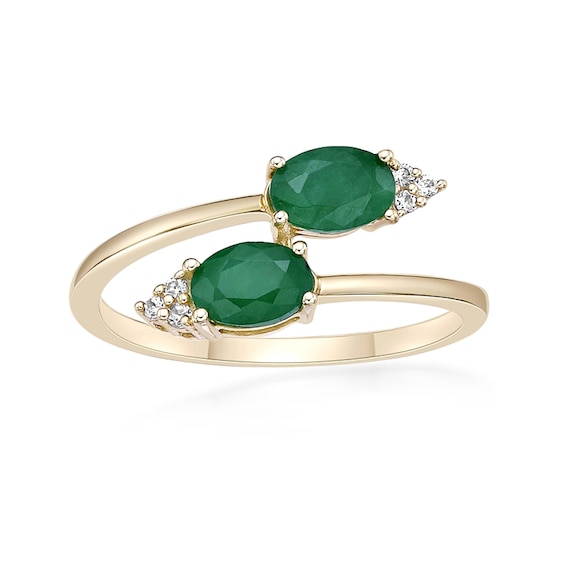 Oval Emerald and 1/20 CT. T.w. Diamond Tri-Top Bypass Ring 10K Gold