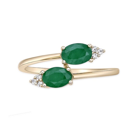 Oval Emerald and 1/20 CT. T.w. Diamond Tri-Top Bypass Ring 10K Gold