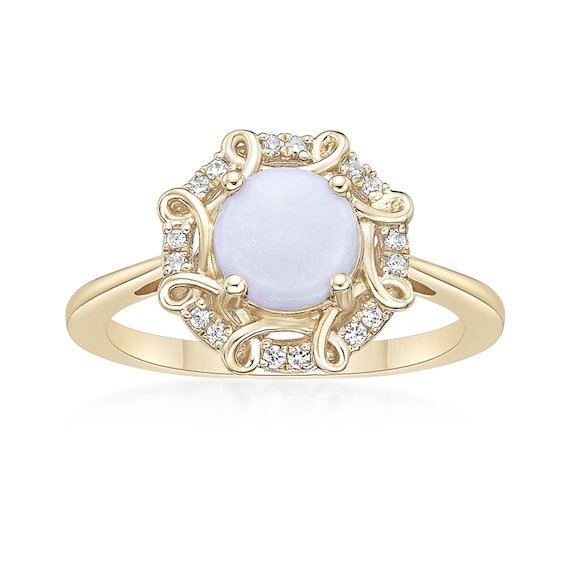 7.0mm Opal and 1/10 CT. T.w. Diamond Octagonal Scroll Frame Ring in 10K Gold