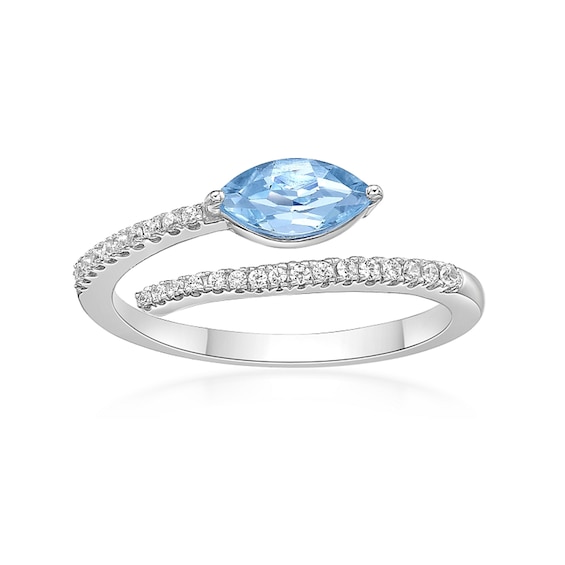 Marquise-Cut Aquamarine and 1/8 CT. T.w. Diamond Bypass Open Wrap Ring in 10K White Gold