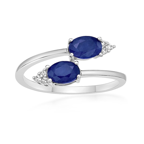 Oval Blue Sapphire and 1/20 CT. T.w. Diamond Tri-Top Bypass Ring in 10K White Gold