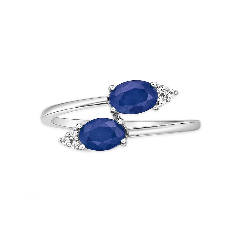 Main Image 2 of Oval Blue Sapphire and 1/20 CT. T.W. Diamond Tri-Top Bypass Ring in 10K White Gold