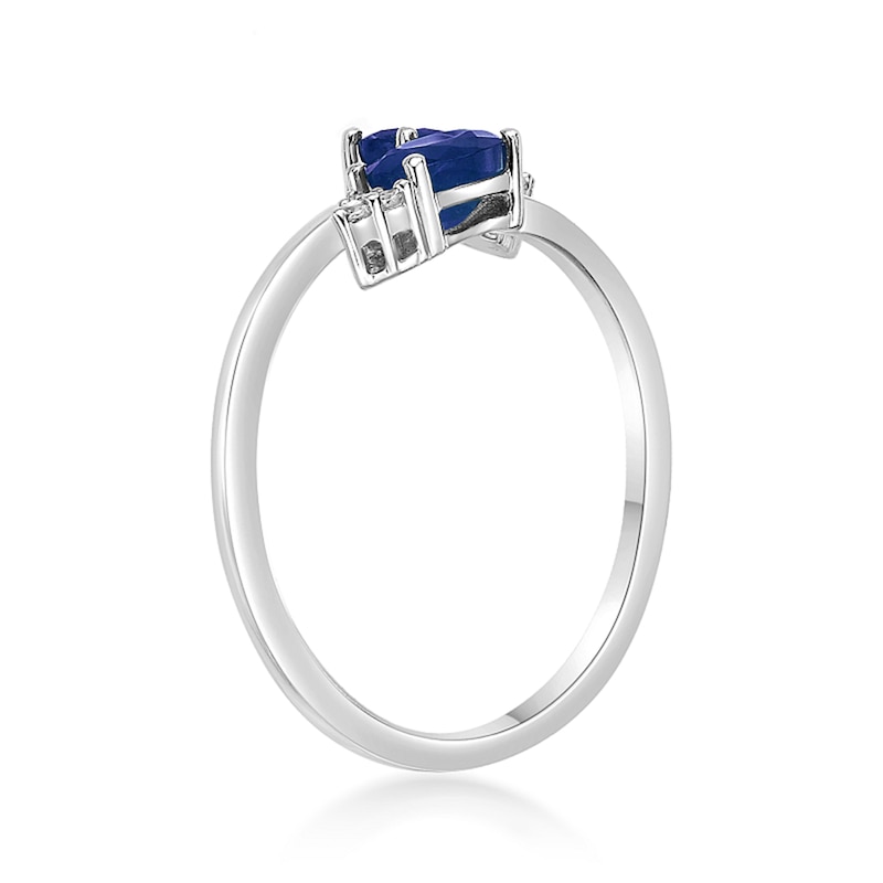 Main Image 3 of Oval Blue Sapphire and 1/20 CT. T.W. Diamond Tri-Top Bypass Ring in 10K White Gold