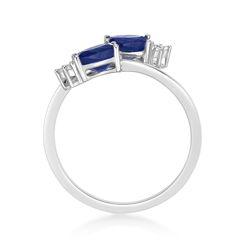 Main Image 4 of Oval Blue Sapphire and 1/20 CT. T.W. Diamond Tri-Top Bypass Ring in 10K White Gold