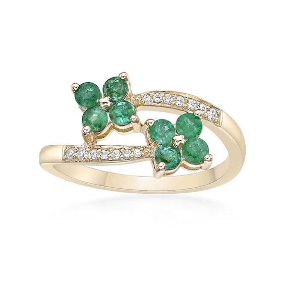 Emerald and 1/15 CT. T.w. Diamond Flower Bypass Ring in 10K Gold