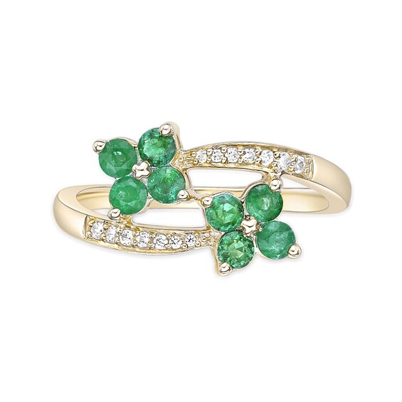 Emerald and 1/15 CT. T.w. Diamond Flower Bypass Ring in 10K Gold