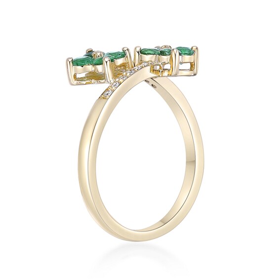 Emerald and 1/15 CT. T.w. Diamond Flower Bypass Ring in 10K Gold