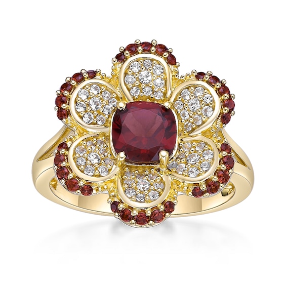 Cushion-Cut and Round Garnet with White Lab-Created Sapphire Flower Split Shank Ring Sterling Silver Gold Plate
