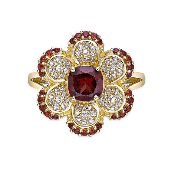 Cushion-Cut and Round Garnet with White Lab-Created Sapphire Flower Split Shank Ring in Sterling Silver with Gold Plate