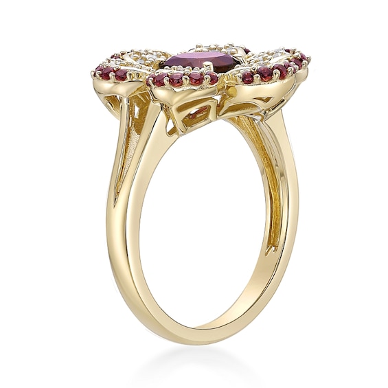Cushion-Cut and Round Garnet with White Lab-Created Sapphire Flower Split Shank Ring in Sterling Silver with Gold Plate