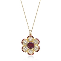 Cushion-Cut and Round Garnet with White Lab-Created Sapphire Flower Pendant in Sterling Silver with 18K Gold Plate