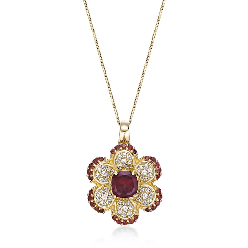 Main Image 1 of Cushion-Cut and Round Garnet with White Lab-Created Sapphire Flower Pendant in Sterling Silver with 18K Gold Plate