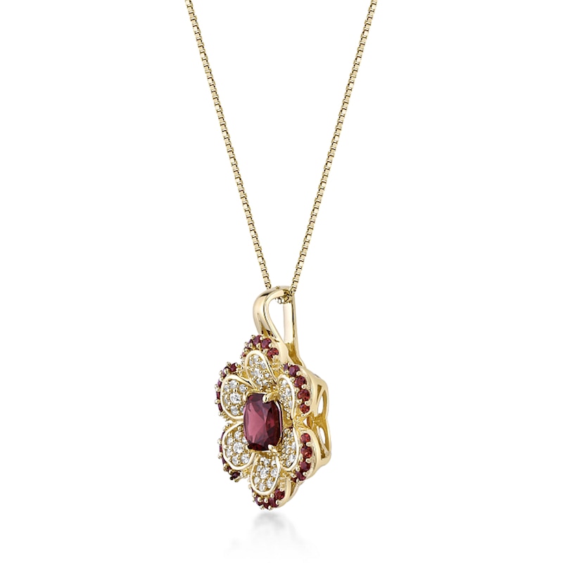Main Image 2 of Cushion-Cut and Round Garnet with White Lab-Created Sapphire Flower Pendant in Sterling Silver with 18K Gold Plate