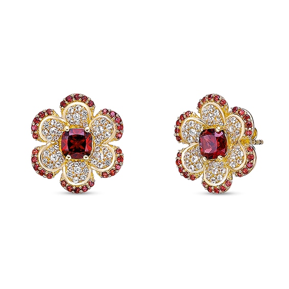 Cushion-Cut and Round Garnet with White Lab-Created Sapphire Flower Stud Earrings in Sterling Silver with 18K Gold Plate