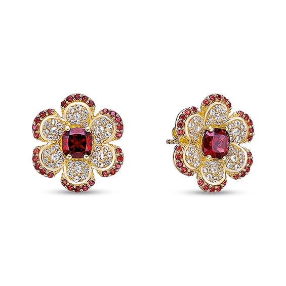 Cushion-Cut and Round Garnet with White Lab-Created Sapphire Flower Stud Earrings in Sterling Silver with 18K Gold Plate