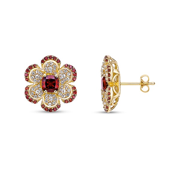 Cushion-Cut and Round Garnet with White Lab-Created Sapphire Flower Stud Earrings in Sterling Silver with 18K Gold Plate