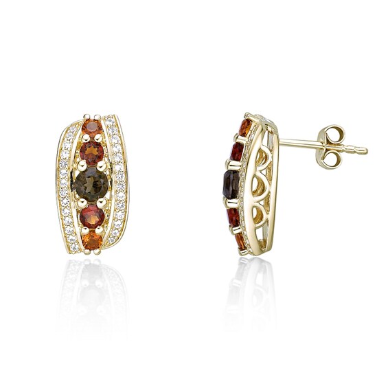 Smoky Quartz, Citrine and White Lab-Created Sapphire Graduated Drop Earrings in Sterling Silver with 18K Gold Plate
