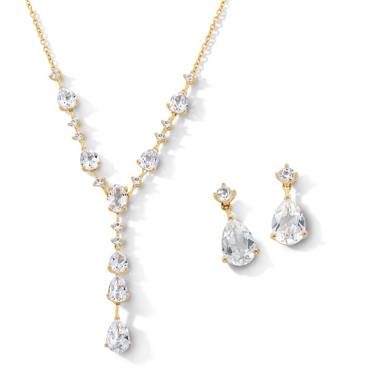 Multi-Shaped White Lab-Created Sapphire âYâ Necklace and Drop Earrings Set in Sterling Silver with 14K Gold Plate