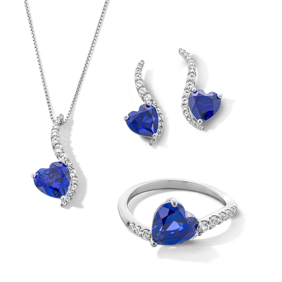 Heart-Shaped Blue and White Lab-Created Sapphire Pendant, Ring and Drop Earrings Set in Sterling Silver