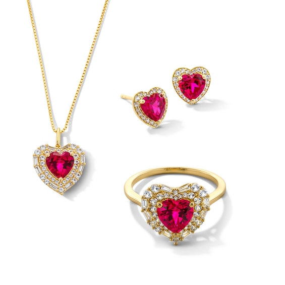 Heart-Shaped Lab-Created Ruby and White Lab-Created Sapphire jewelry Set in Sterling Silver with 14K Gold Plate