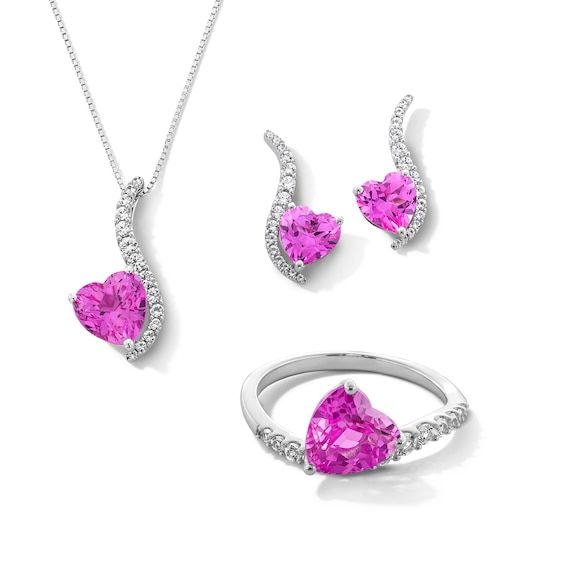 Heart-Shaped Pink and White Lab-Created Sapphire Pendant, Ring and Drop Earrings Set in Sterling Silver