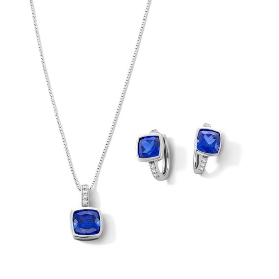 Cushion-Cut Blue and White Lab-Created Sapphire Bezel-Set Pendant and Hoop Earrings Set in Sterling Silver