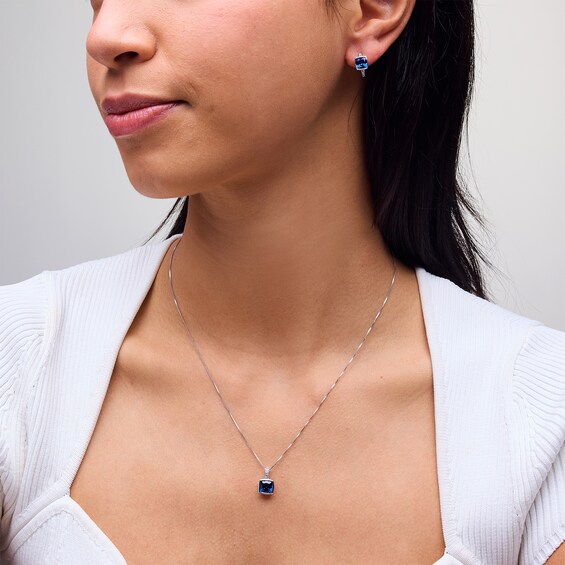 Cushion-Cut Blue and White Lab-Created Sapphire Bezel-Set Pendant and Hoop Earrings Set in Sterling Silver