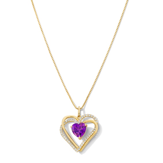 Heart-Shaped Lab-Created Amethyst and White Lab-Created Sapphire Double Heart Pendant in Sterling Silver with 14K Gold Plate