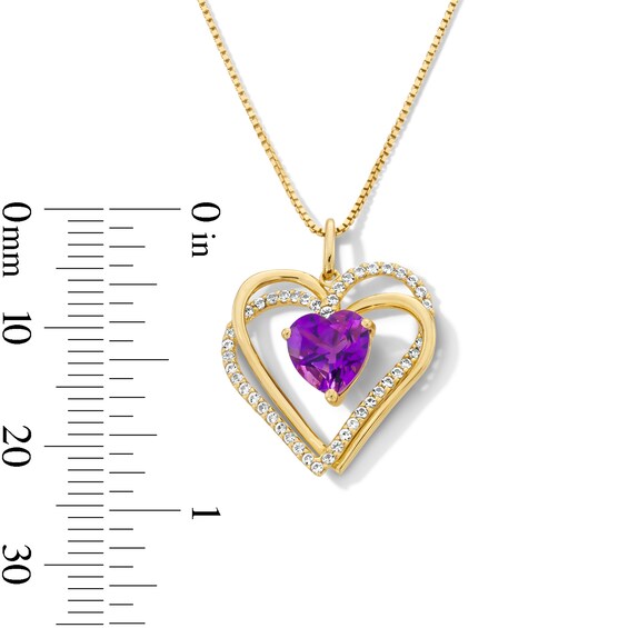Heart-Shaped Lab-Created Amethyst and White Lab-Created Sapphire Double Heart Pendant in Sterling Silver with 14K Gold Plate