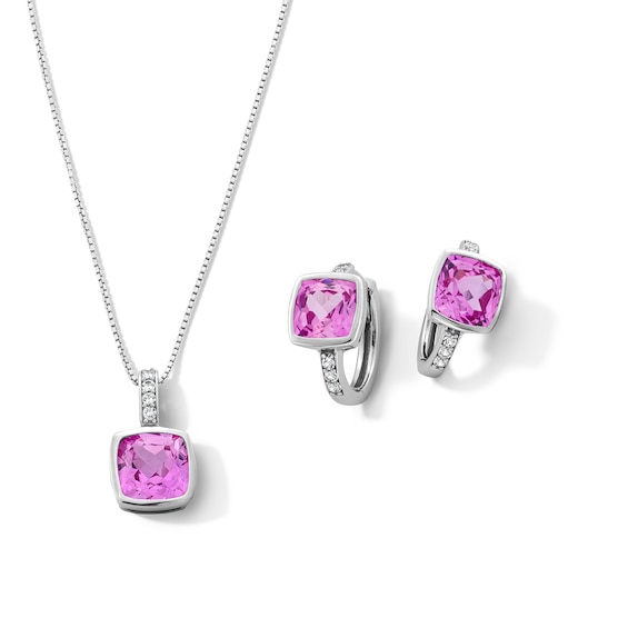 Cushion-Cut Pink and White Lab-Created Sapphire Bezel-Set Pendant and Hoop Earrings Set in Sterling Silver