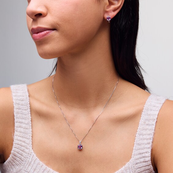 Cushion-Cut Pink and White Lab-Created Sapphire Bezel-Set Pendant and Hoop Earrings Set in Sterling Silver