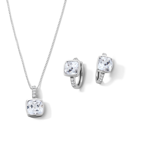 Cushion-Cut White Lab-Created Sapphire Bezel-Set Pendant and Hoop Earrings Set in Sterling Silver