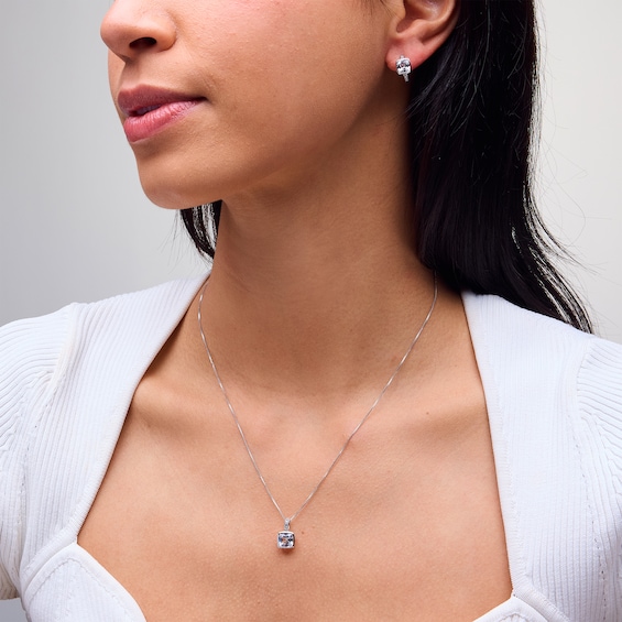 Cushion-Cut White Lab-Created Sapphire Bezel-Set Pendant and Hoop Earrings Set in Sterling Silver