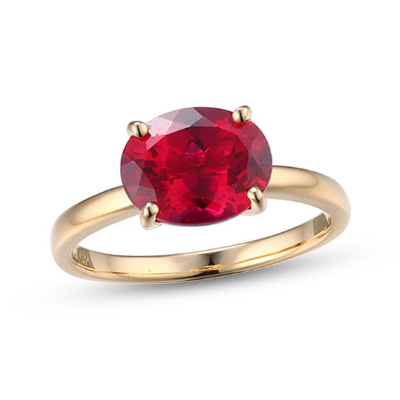 Oval Lab-Created Ruby Sideways Solitaire Ring in Sterling Silver with 14K Gold Plate