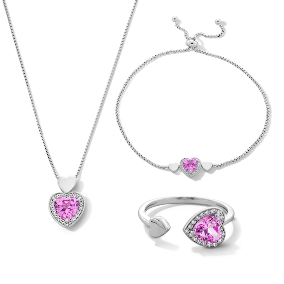 Heart-Shaped Pink and White Lab-Created Sapphire Frame Pendant, Ring and Bolo Bracelet Set in Sterling Silver