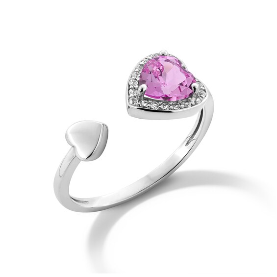 Heart-Shaped Pink and White Lab-Created Sapphire Frame Pendant, Ring and Bolo Bracelet Set in Sterling Silver
