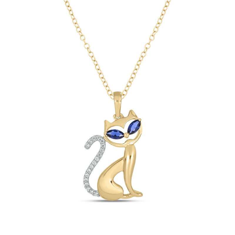 Main Image 1 of Marquise-Cut Blue Lab-Created Sapphire and 1/15 CT. T.W Diamond Cat Pendant in Sterling Silver with 14K Gold Plate