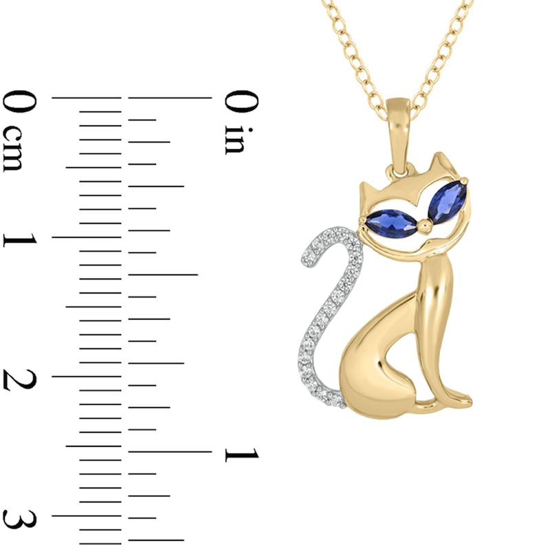 Main Image 3 of Marquise-Cut Blue Lab-Created Sapphire and 1/15 CT. T.W Diamond Cat Pendant in Sterling Silver with 14K Gold Plate