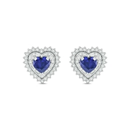 Heart-Shaped Blue Lab-Created Sapphire and 1/3 CT. T.W. Diamond Double Sunburst Frame Stud Earrings in 10K White Gold