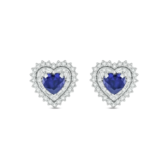 Heart-Shaped Blue Lab-Created Sapphire and 1/3 CT. T.w. Diamond Double Sunburst Frame Stud Earrings in 10K White Gold
