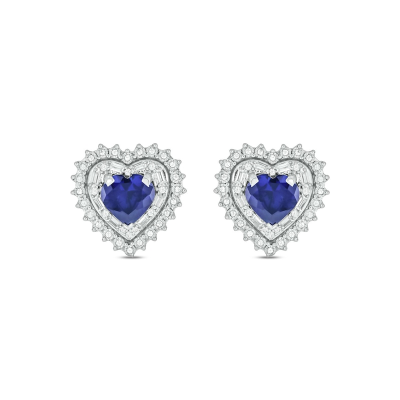 Main Image 1 of Heart-Shaped Blue Lab-Created Sapphire and 1/3 CT. T.W. Diamond Double Sunburst Frame Stud Earrings in 10K White Gold