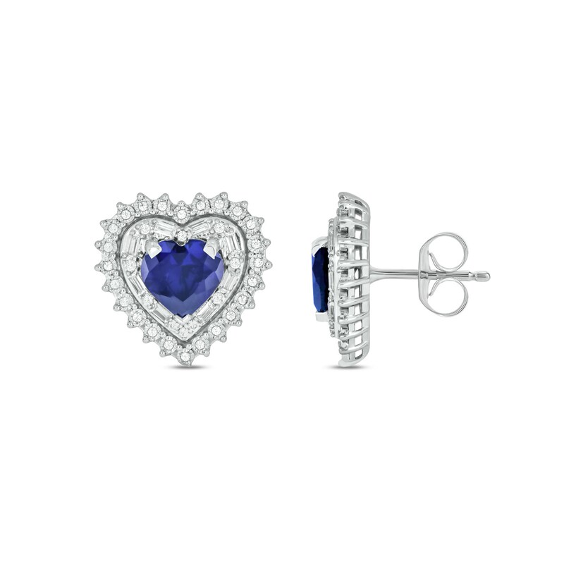 Main Image 2 of Heart-Shaped Blue Lab-Created Sapphire and 1/3 CT. T.W. Diamond Double Sunburst Frame Stud Earrings in 10K White Gold