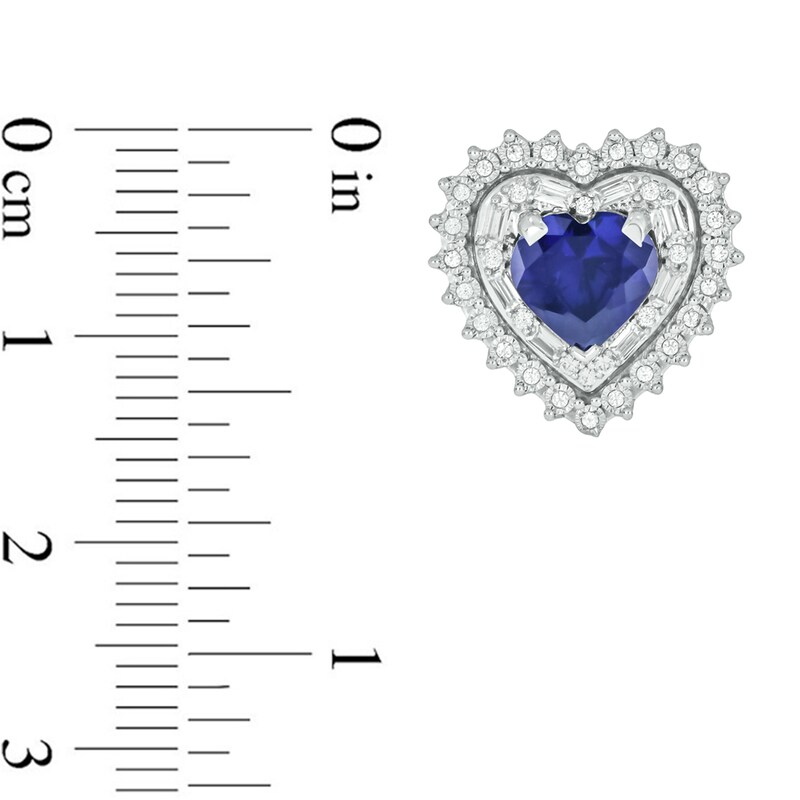 Main Image 3 of Heart-Shaped Blue Lab-Created Sapphire and 1/3 CT. T.W. Diamond Double Sunburst Frame Stud Earrings in 10K White Gold