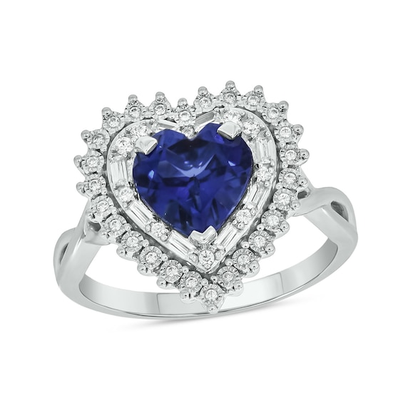 Heart-Shaped Blue Lab-Created Sapphire and 1/5 CT. T.w. Diamond Double Sunburst Frame Ring in 10K White Gold