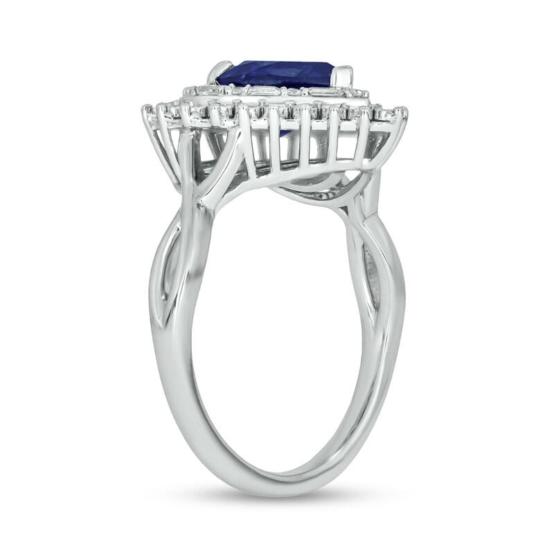 Main Image 2 of Heart-Shaped Blue Lab-Created Sapphire and 1/5 CT. T.W. Diamond Double Sunburst Frame Ring in 10K White Gold
